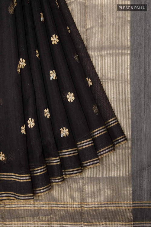 Black Chanderi Silk Cotton Saree With Zari Border