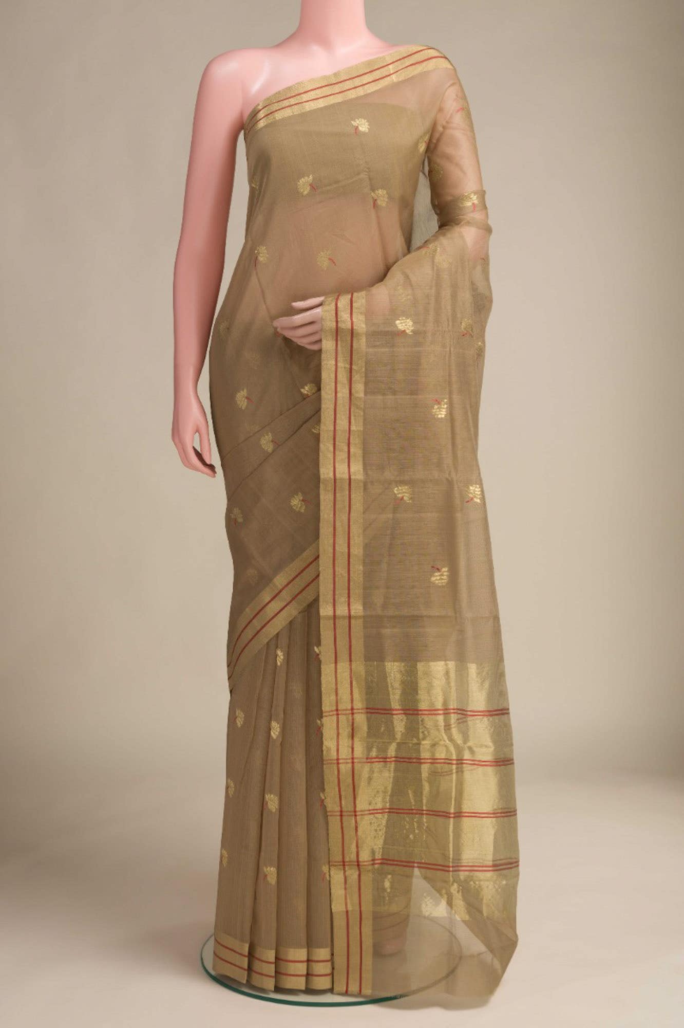 Brown  Chanderi Silk Cotton Saree With Zari Border