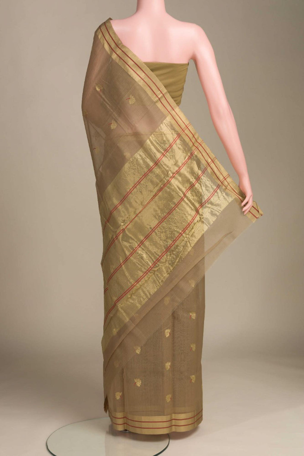 Brown  Chanderi Silk Cotton Saree With Zari Border