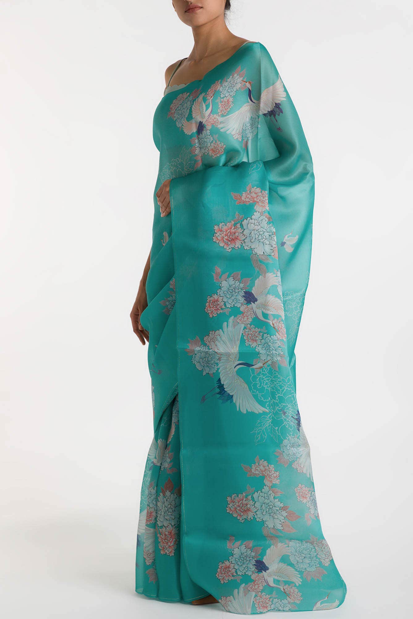 Flying Cranes Light Blue Satin Organza Saree