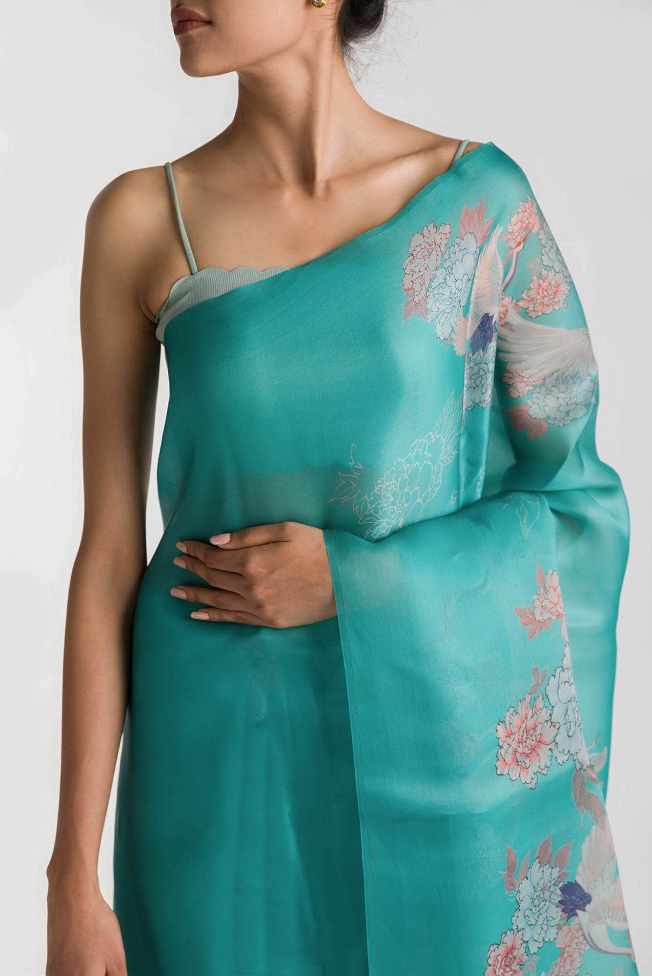 Flying Cranes Light Blue Satin Organza Saree