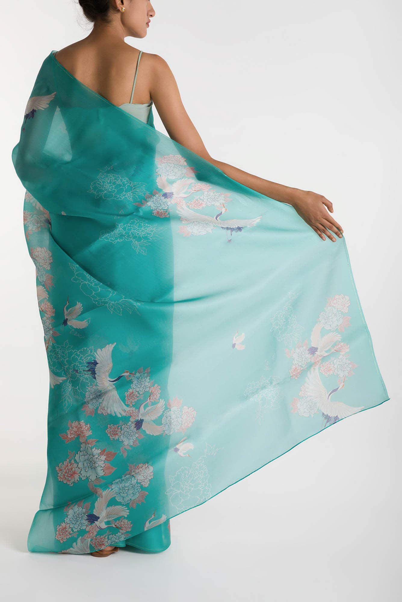 Flying Cranes Light Blue Satin Organza Saree