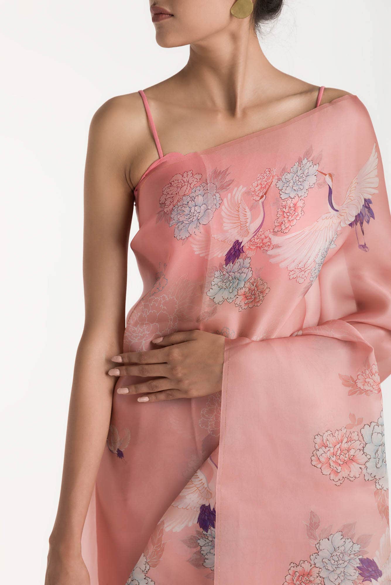 Flying Cranes Pink Satin Organza Saree