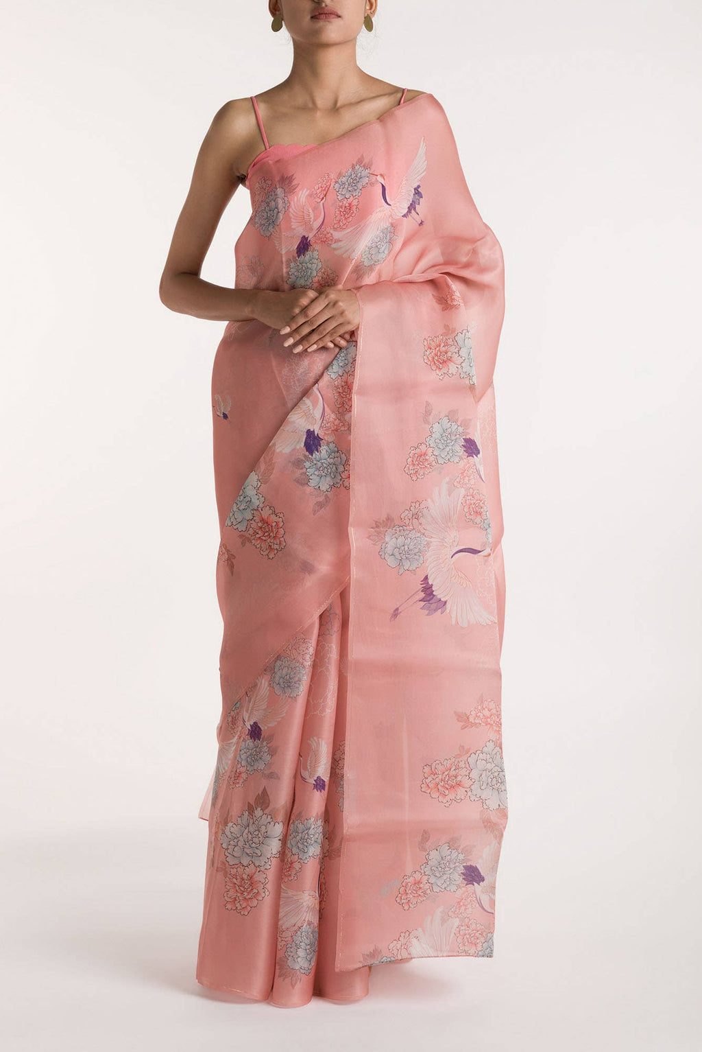 Flying Cranes Pink Satin Organza Saree