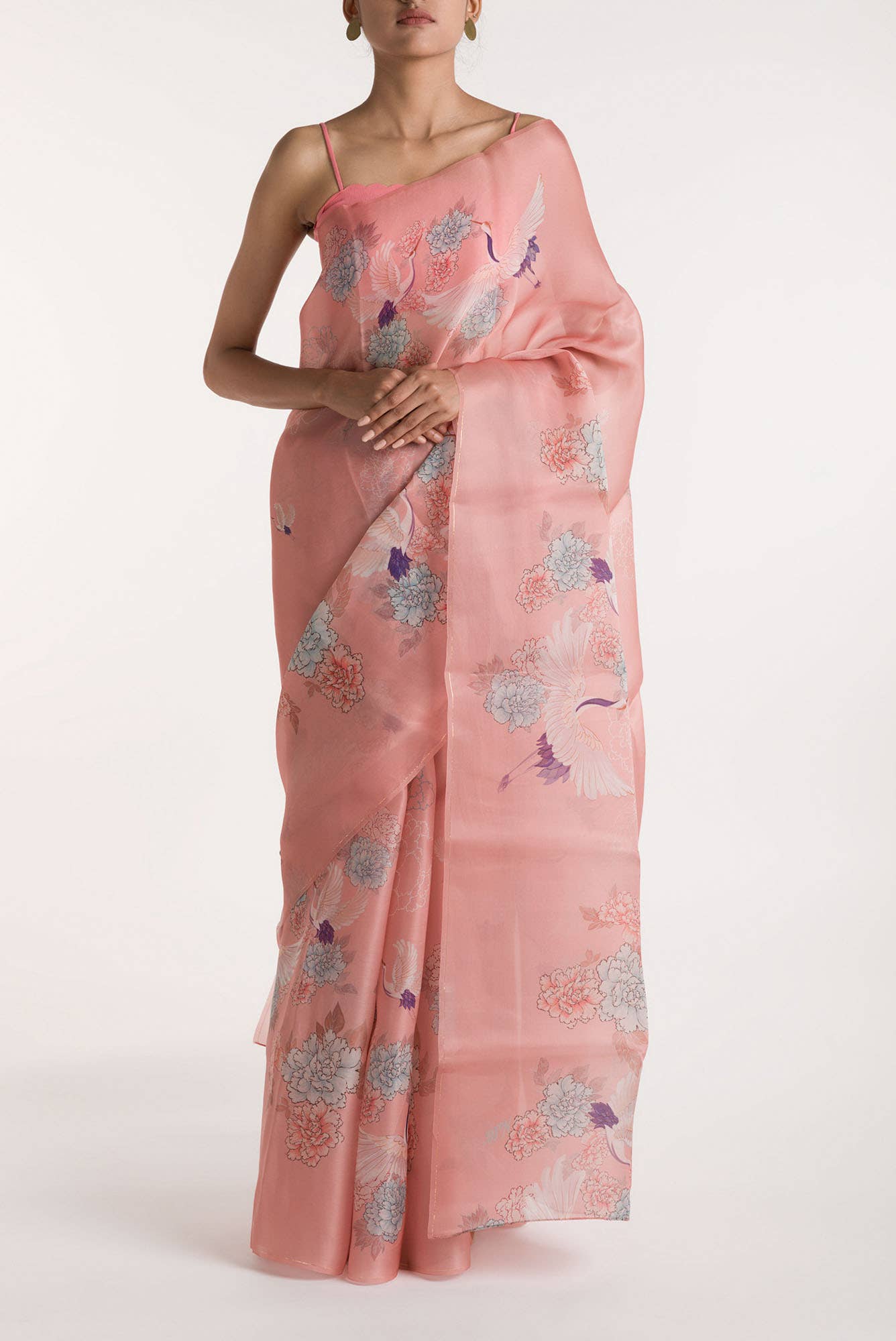 Flying Cranes Pink Satin Organza Saree