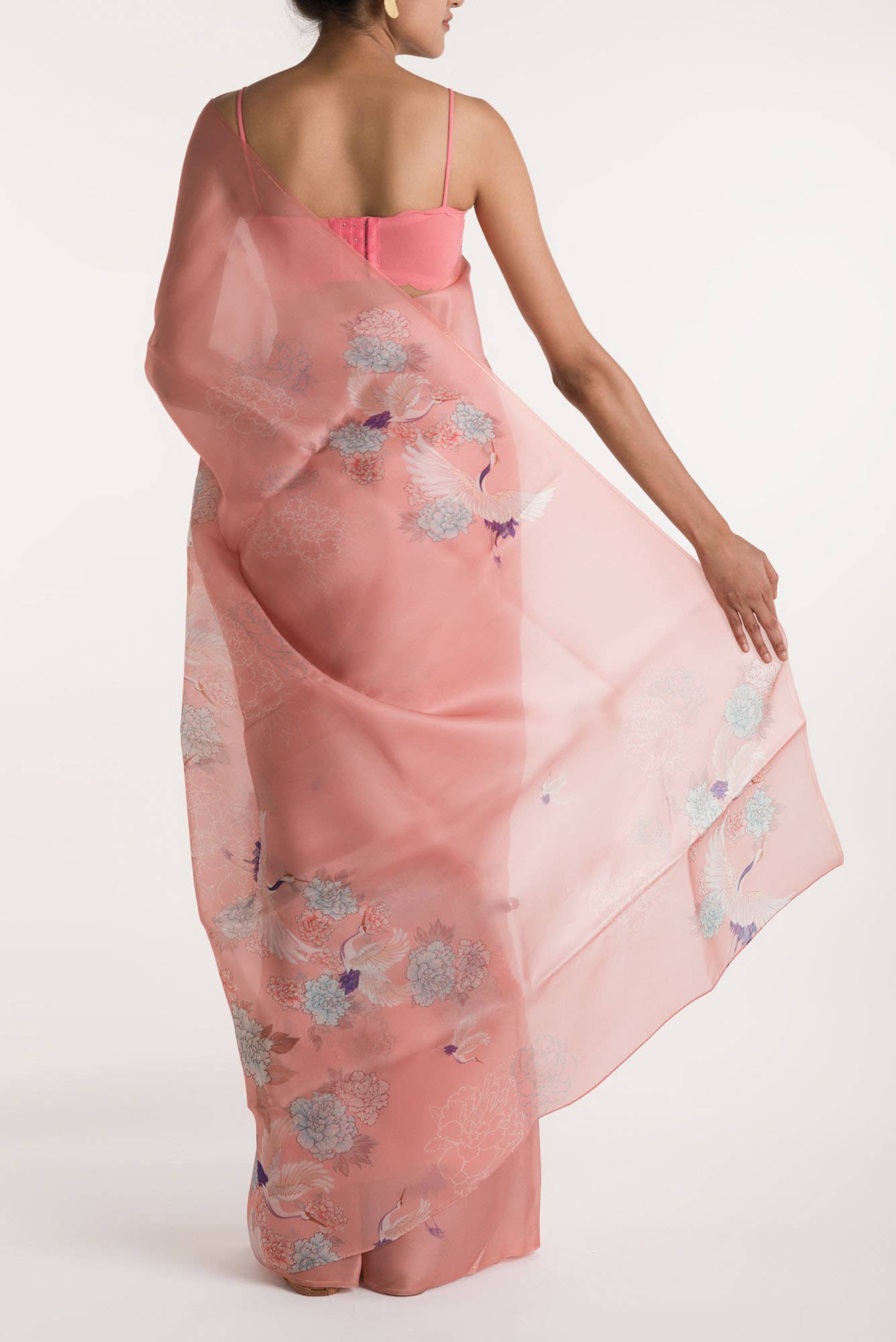 Flying Cranes Pink Satin Organza Saree