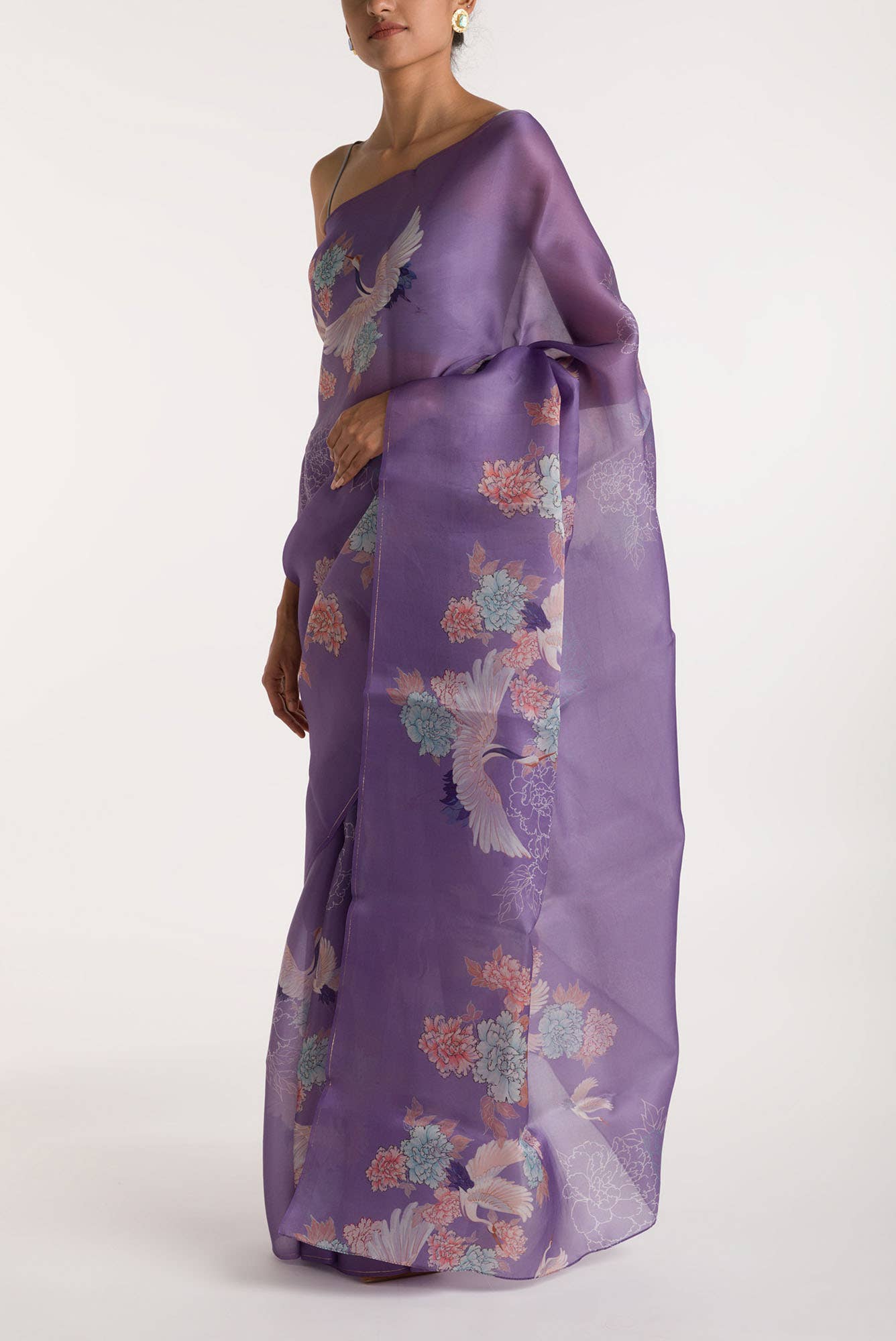 Flying Cranes Lilac Satin Organza Saree
