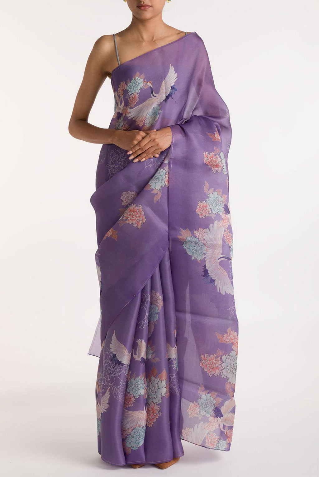 Flying Cranes Lilac Satin Organza Saree