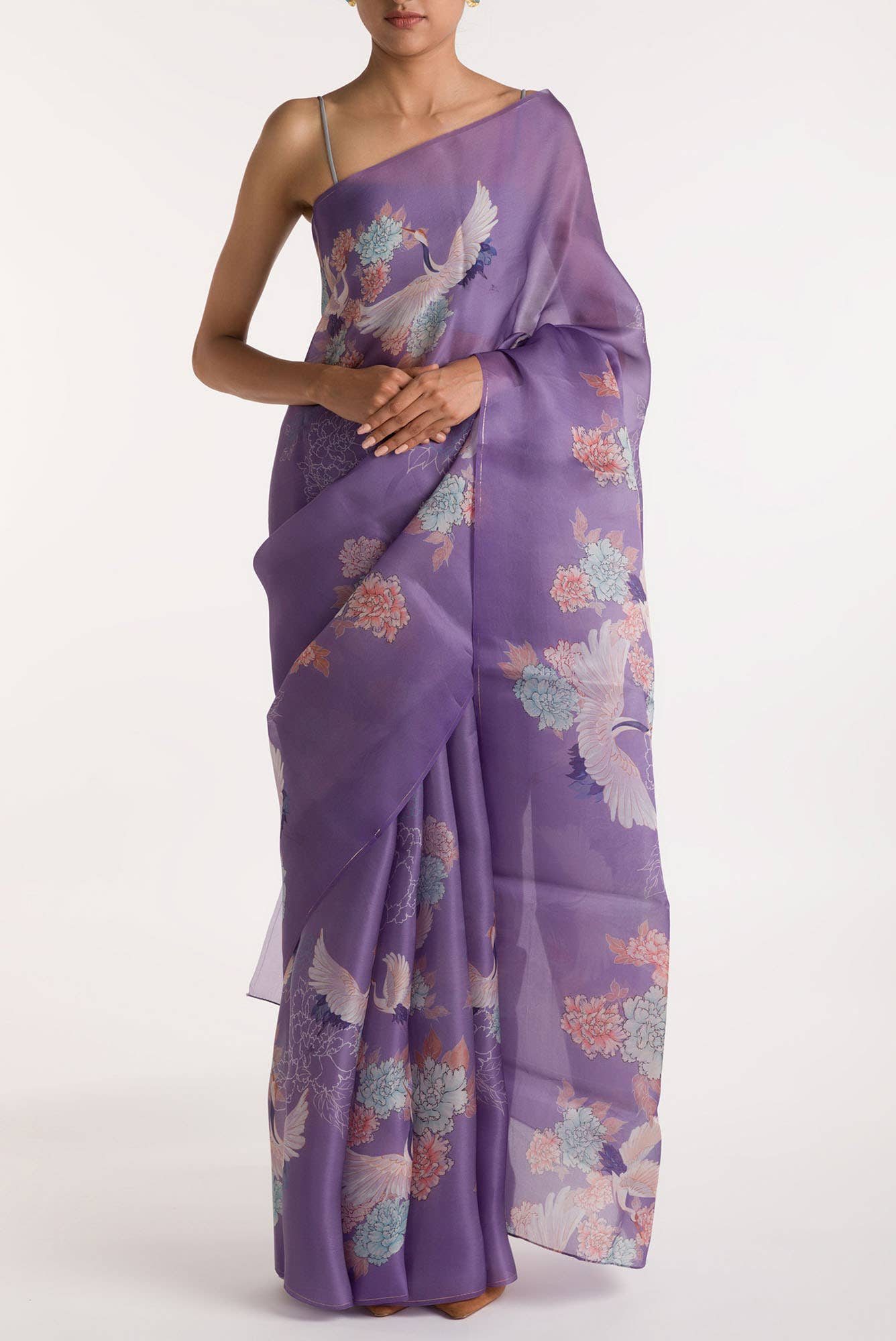 Flying Cranes Lilac Satin Organza Saree