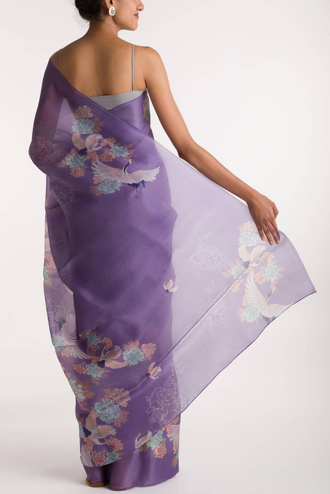 Flying Cranes Lilac Satin Organza Saree