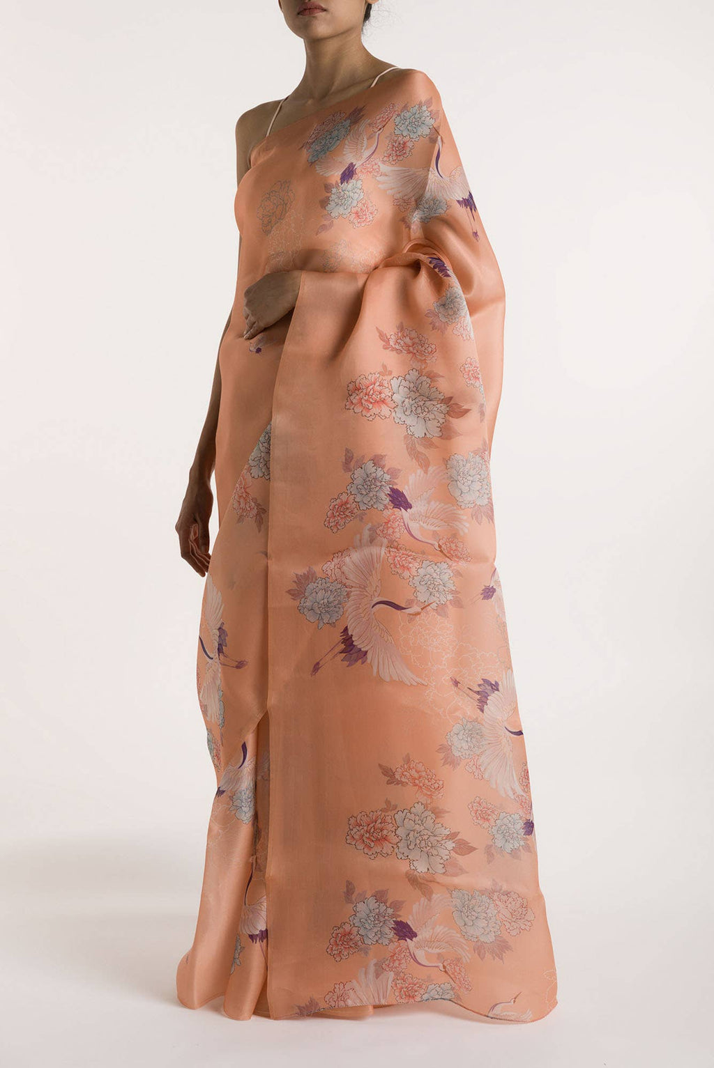 Flying Cranes Peach Satin Organza Saree