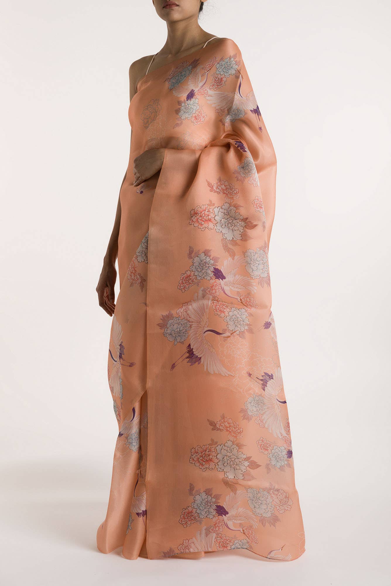 Flying Cranes Peach Satin Organza Saree