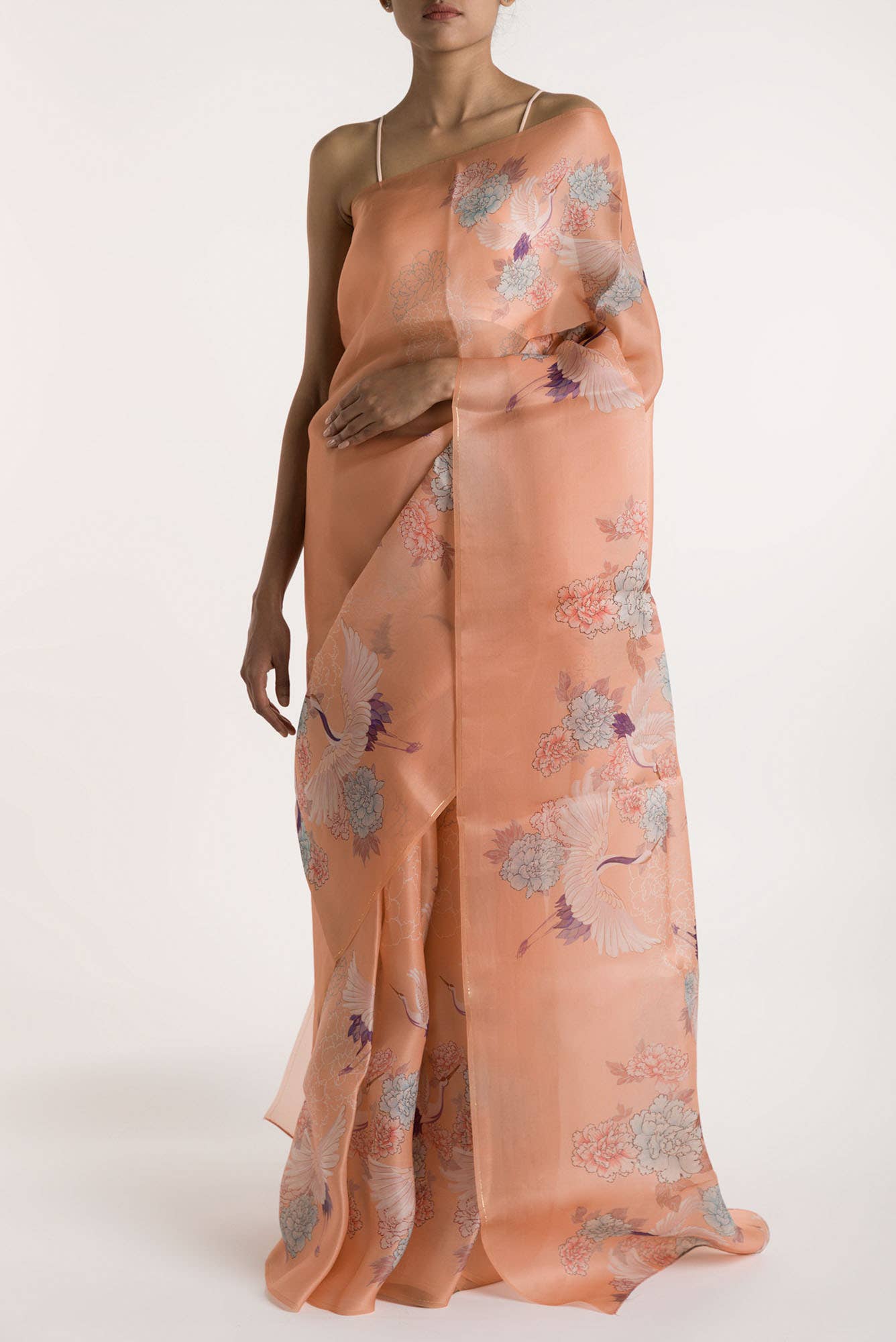 Flying Cranes Peach Satin Organza Saree