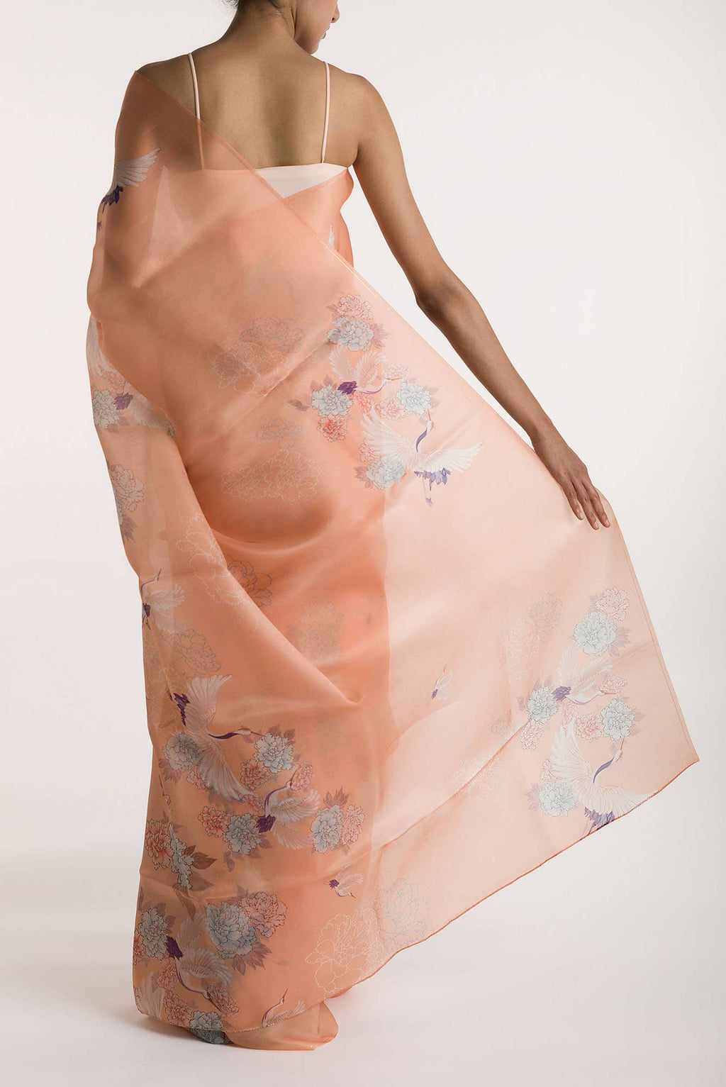 Flying Cranes Peach Satin Organza Saree