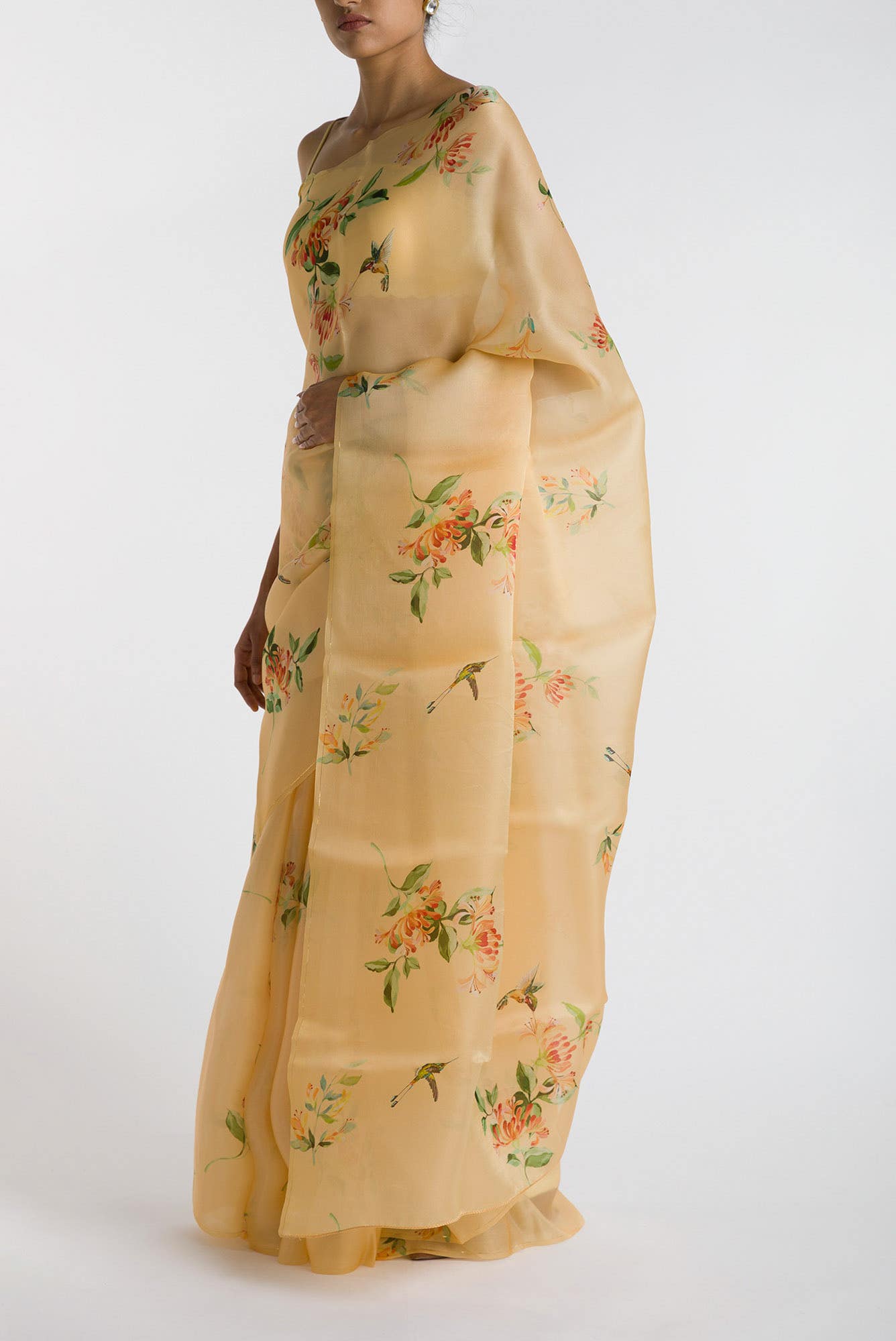 Humming Hovers Yellow Satin Organza Saree