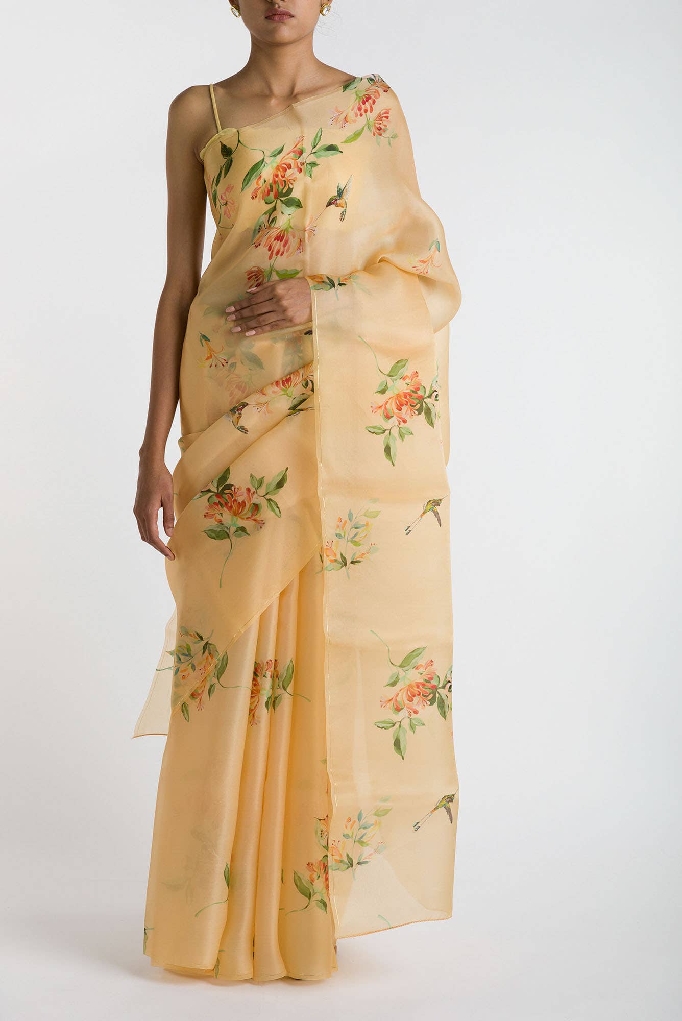 Humming Hovers Yellow Satin Organza Saree
