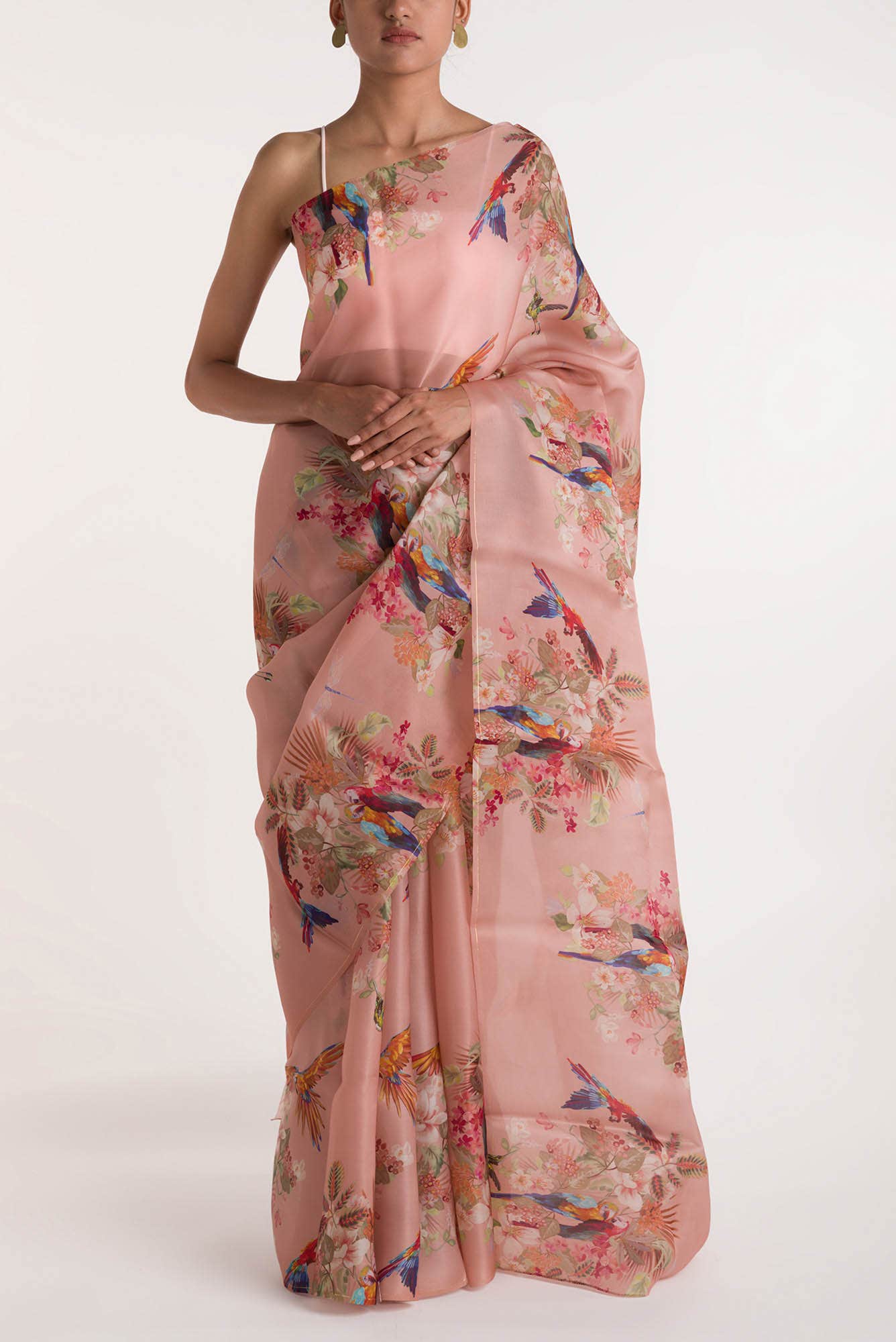 Scarlet Macaws Peach Satin Organza Saree