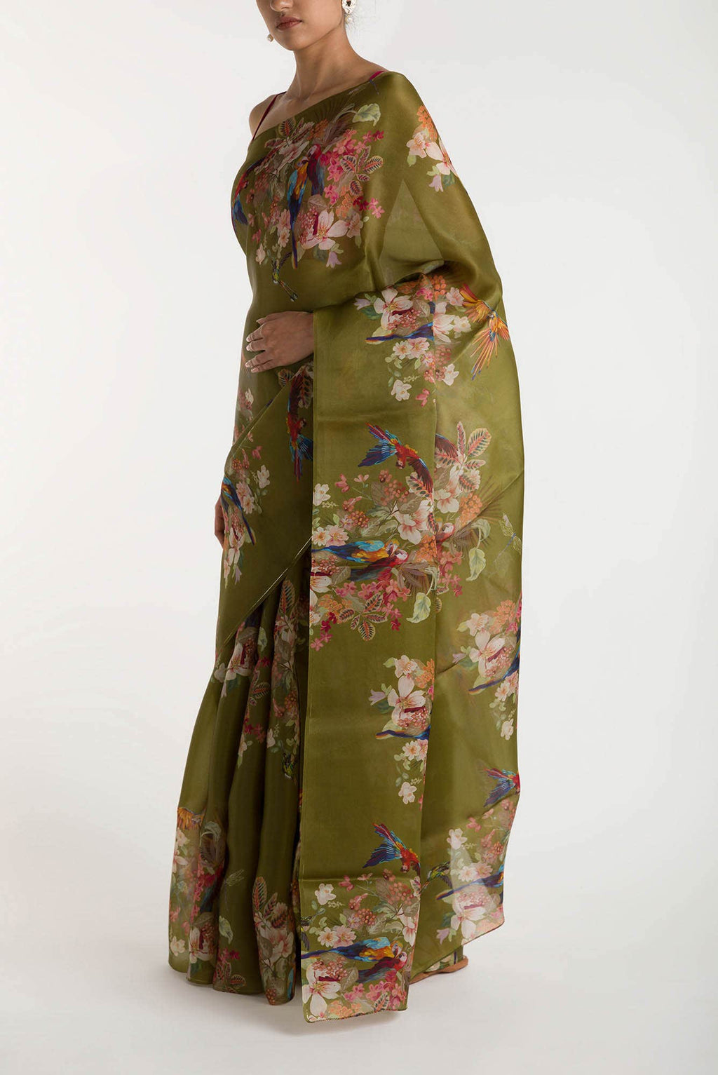 Scarlet Macaws Olive Green Satin Organza Saree