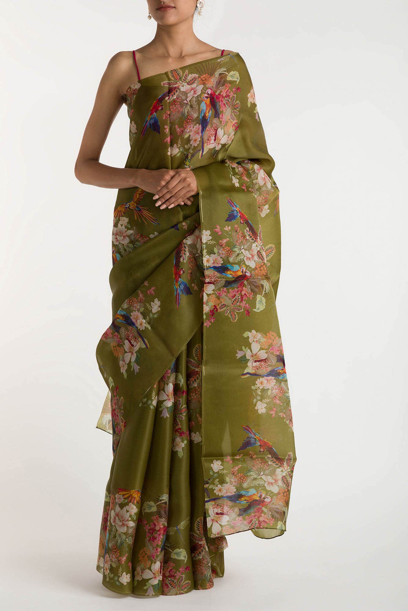 Scarlet Macaws Olive Green Satin Organza Saree