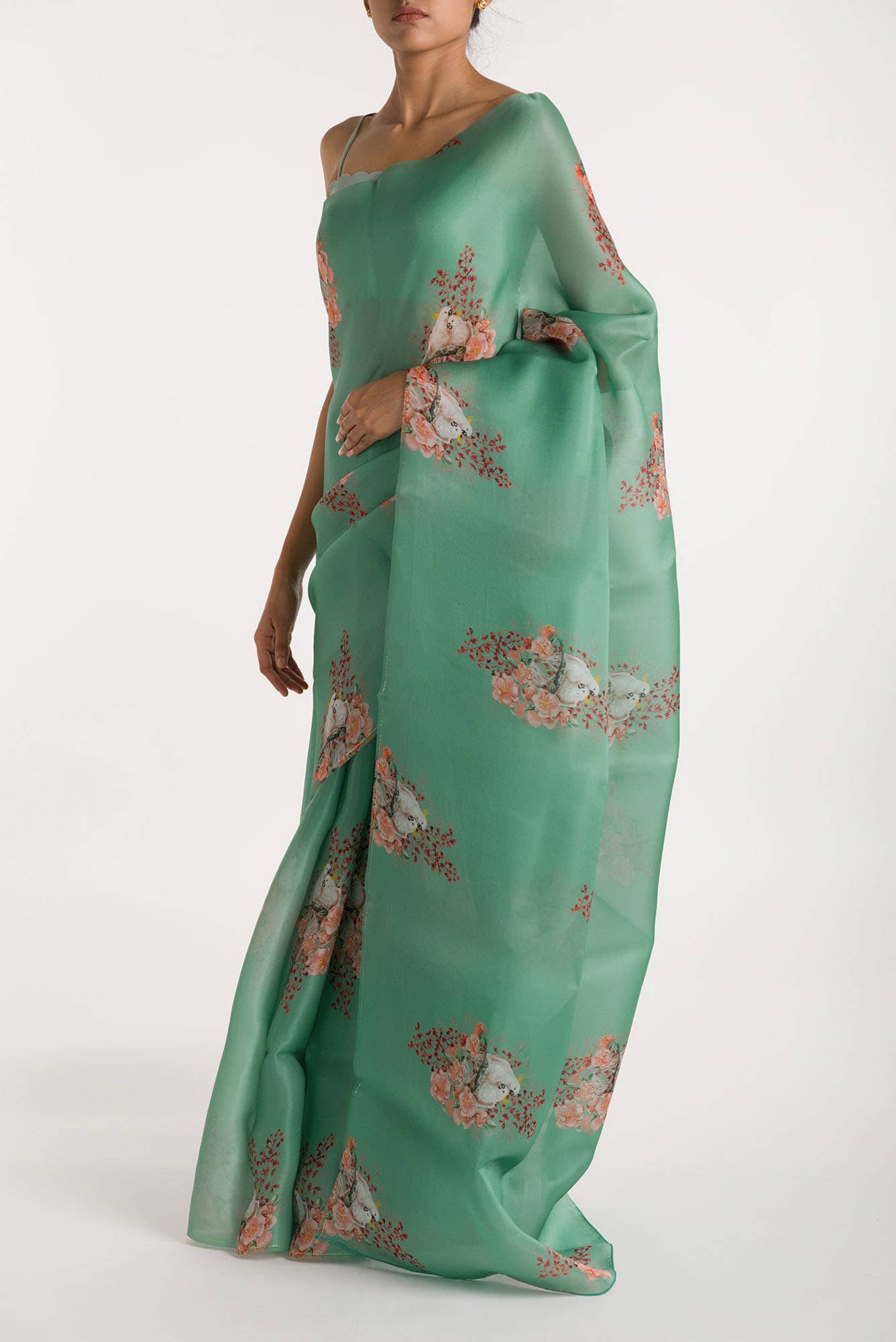 Crowned Cockatoo Mint Green Satin Organza Saree