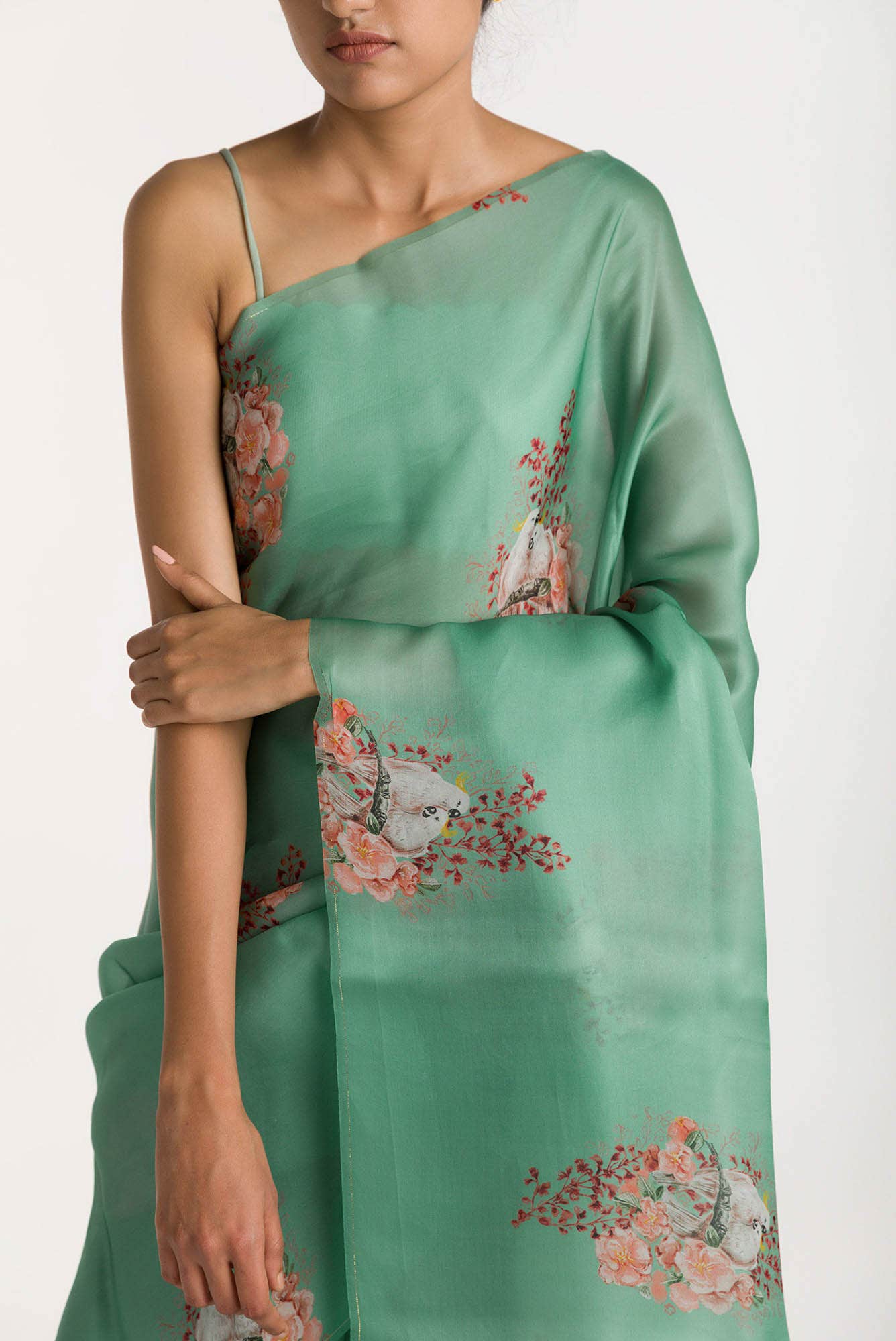 Crowned Cockatoo Mint Green Satin Organza Saree