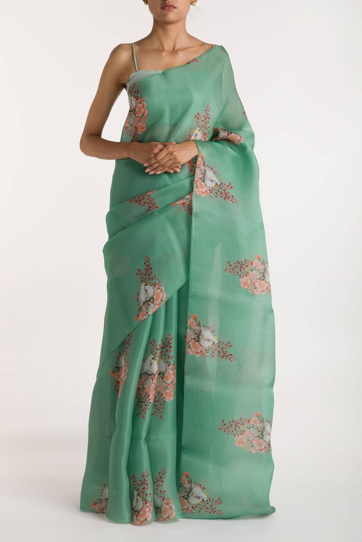 Crowned Cockatoo Mint Green Satin Organza Saree