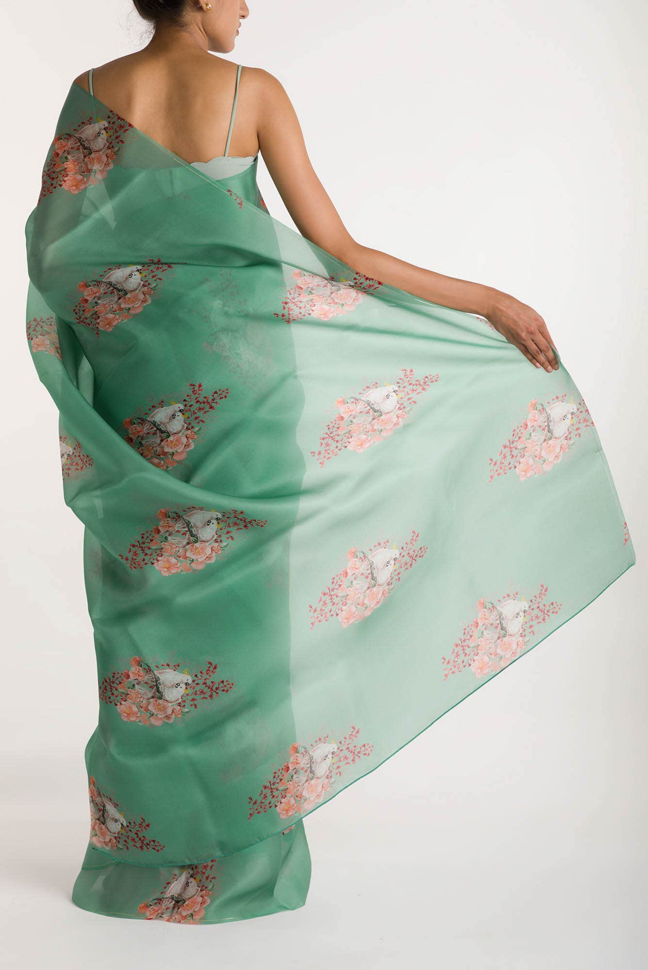 Crowned Cockatoo Mint Green Satin Organza Saree