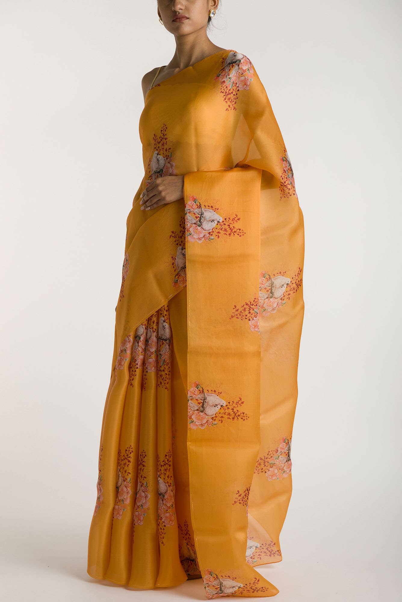 Crowned Cockatoo Mustard Satin Organza Saree