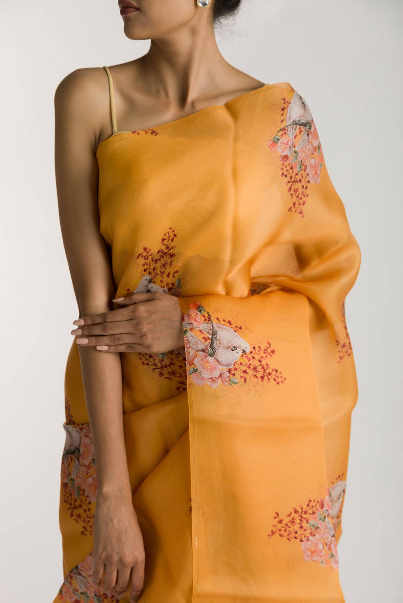 Crowned Cockatoo Mustard Satin Organza Saree