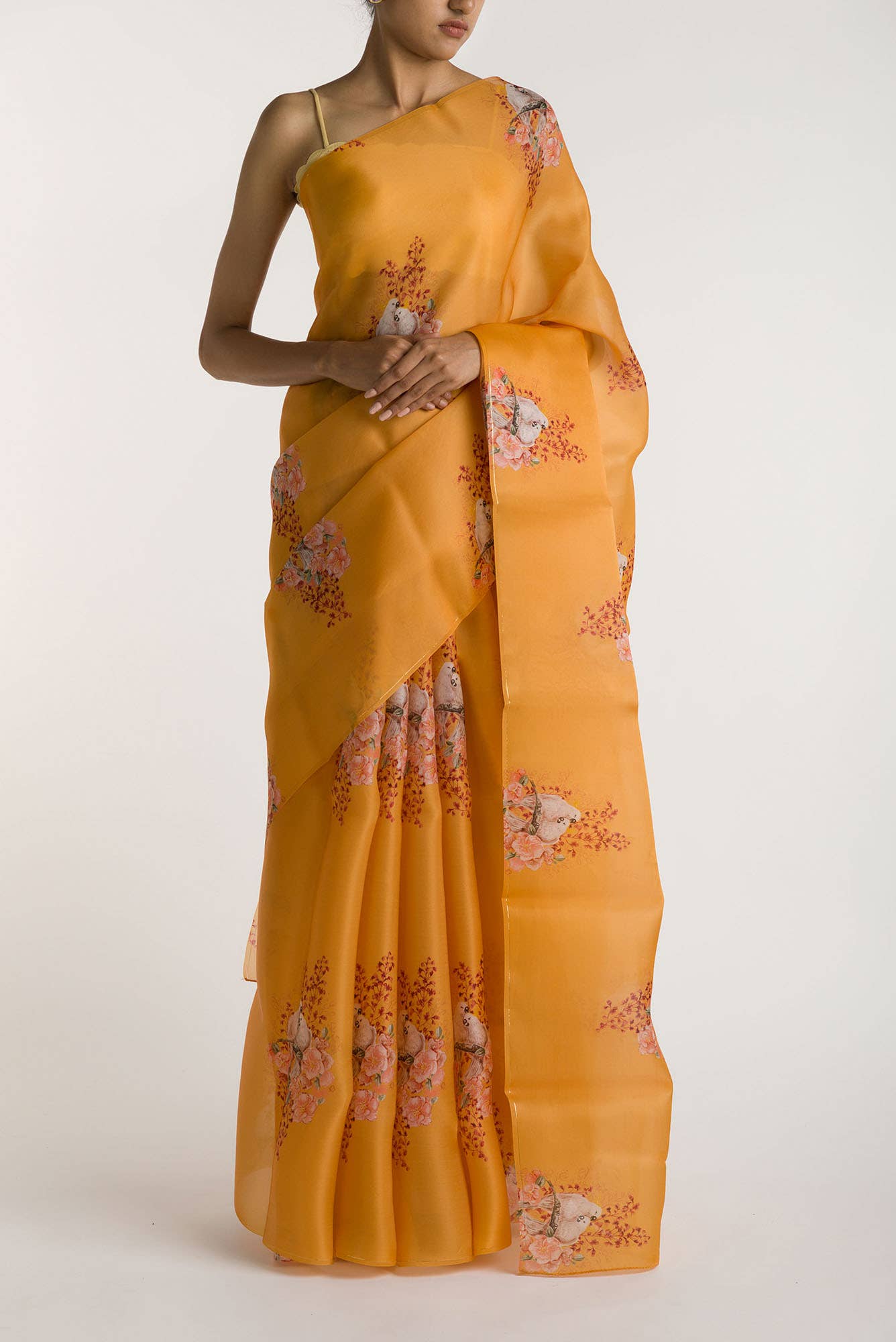 Crowned Cockatoo Mustard Satin Organza Saree