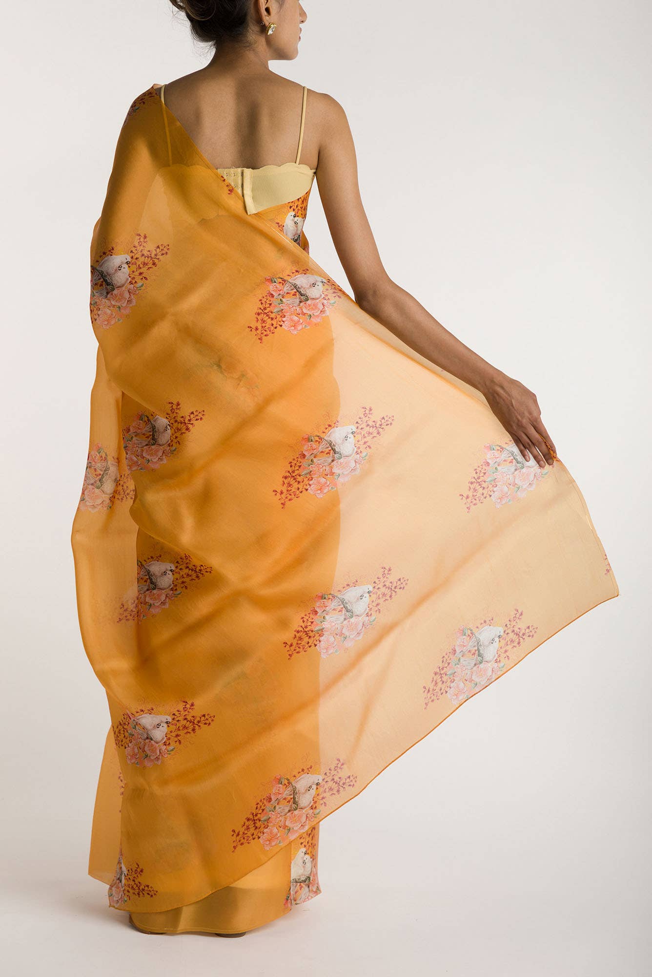 Crowned Cockatoo Mustard Satin Organza Saree