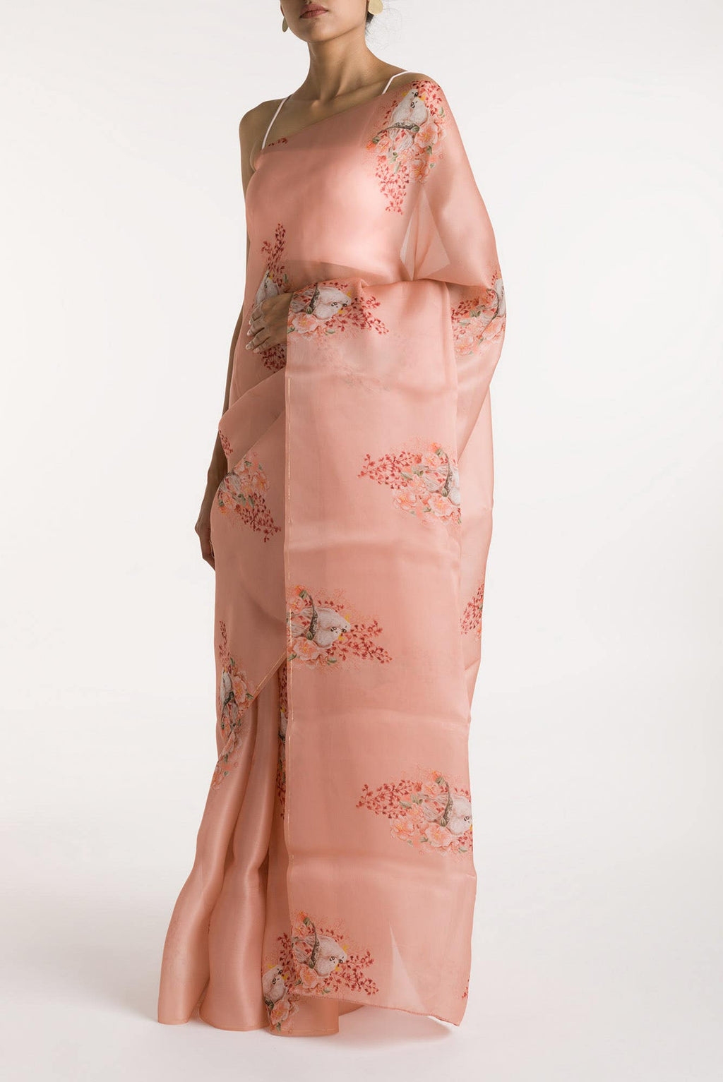 Crowned Cockatoo Peach Satin Organza Saree