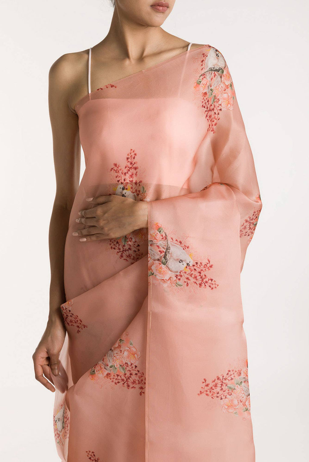 Crowned Cockatoo Peach Satin Organza Saree