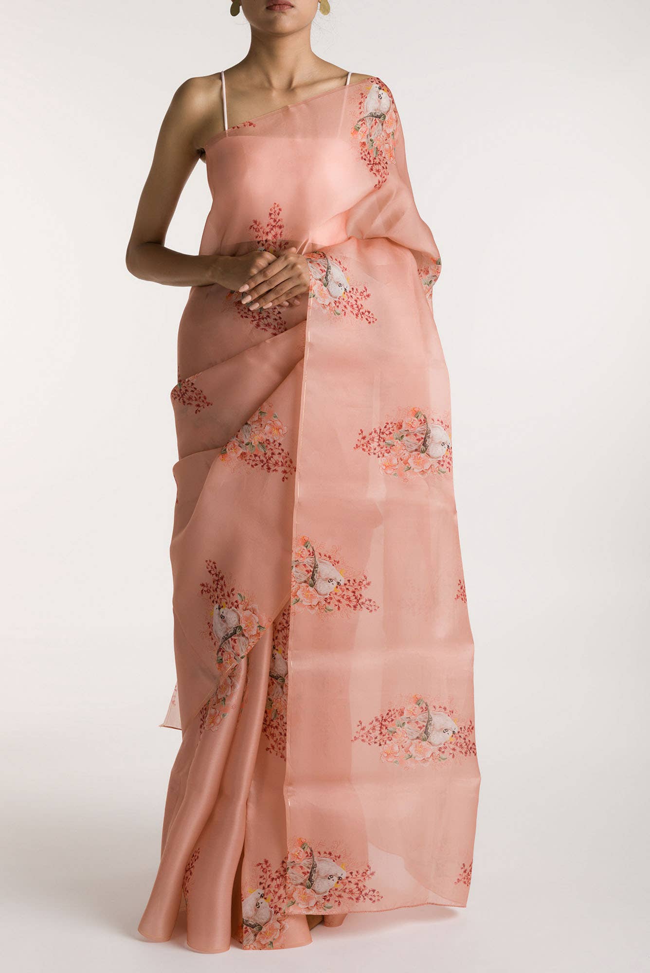 Crowned Cockatoo Peach Satin Organza Saree