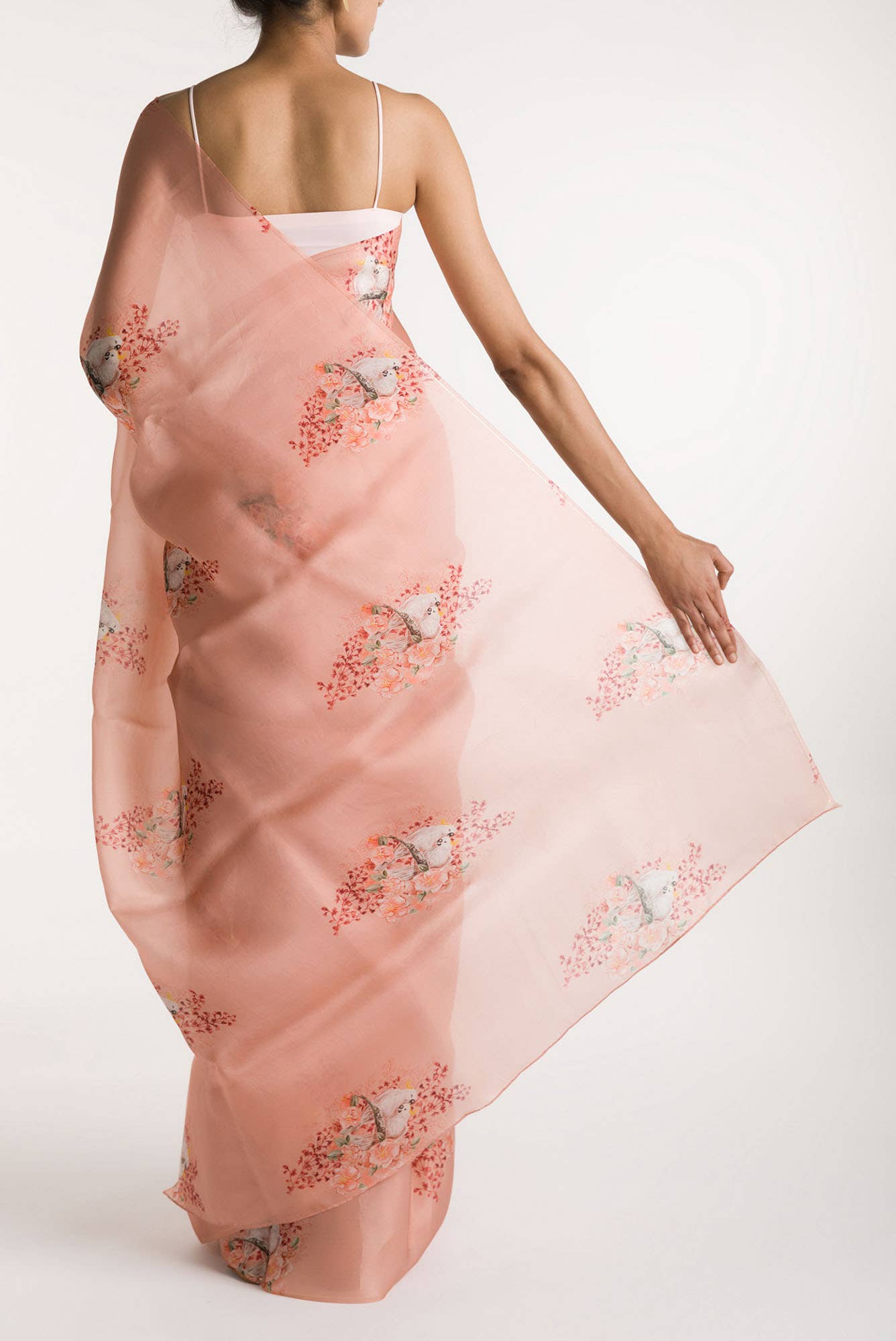 Crowned Cockatoo Peach Satin Organza Saree