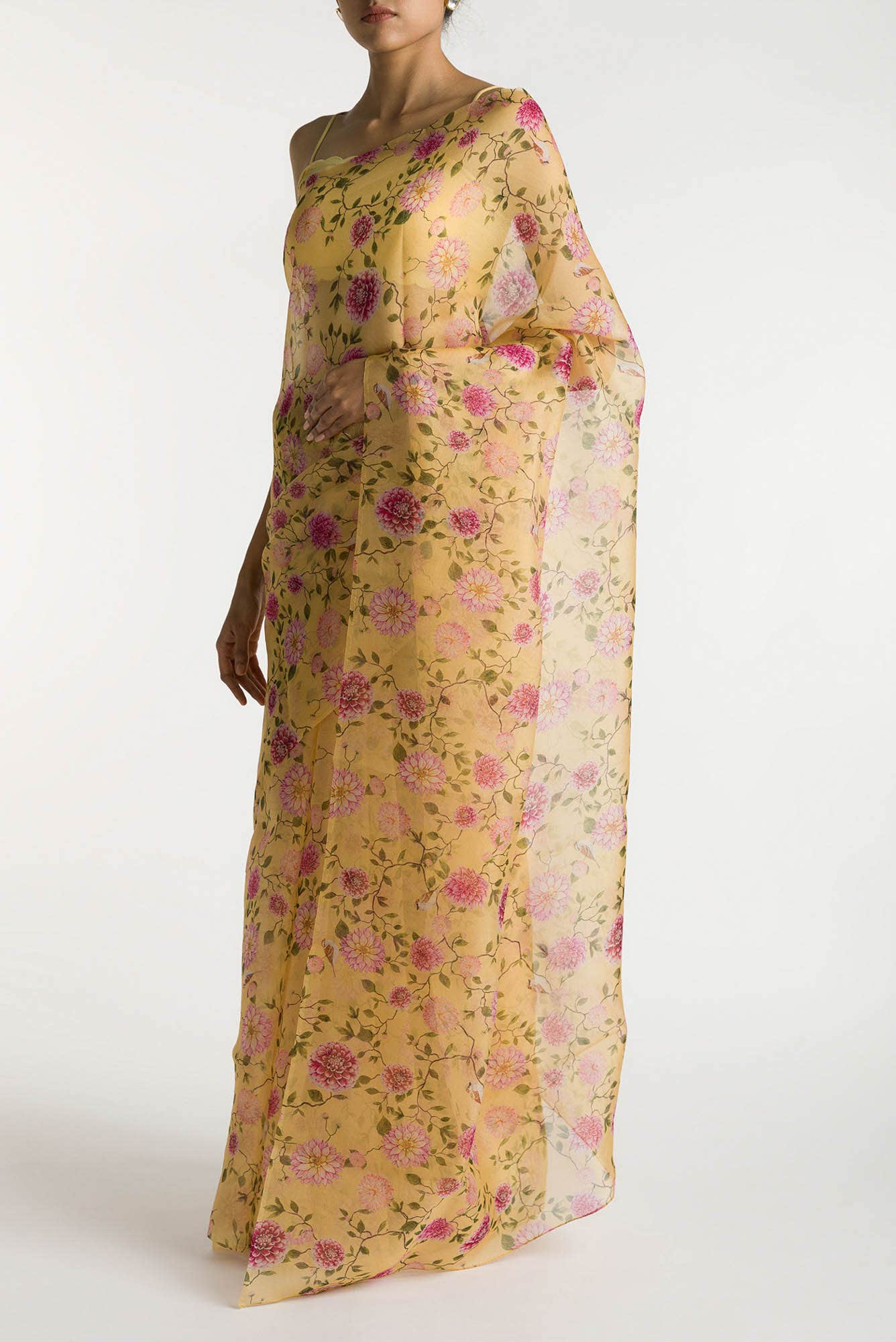 The Story of Dahlia & Sparrows Mango Yellow Pure Organza Silk Saree