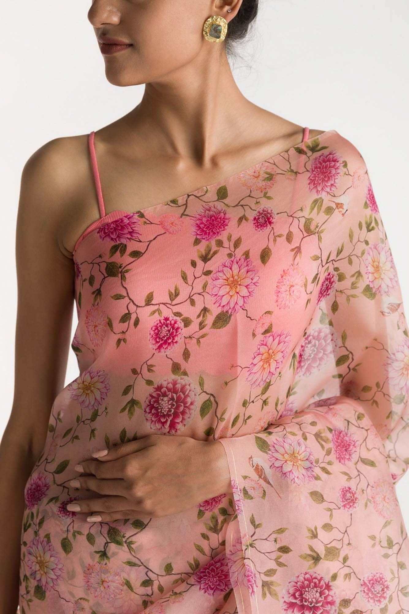The Story of Dahlia & Sparrows-Peach Pure Organza Silk Saree