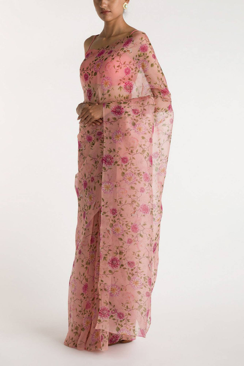 The Story of Dahlia & Sparrows-Peach Pure Organza Silk Saree