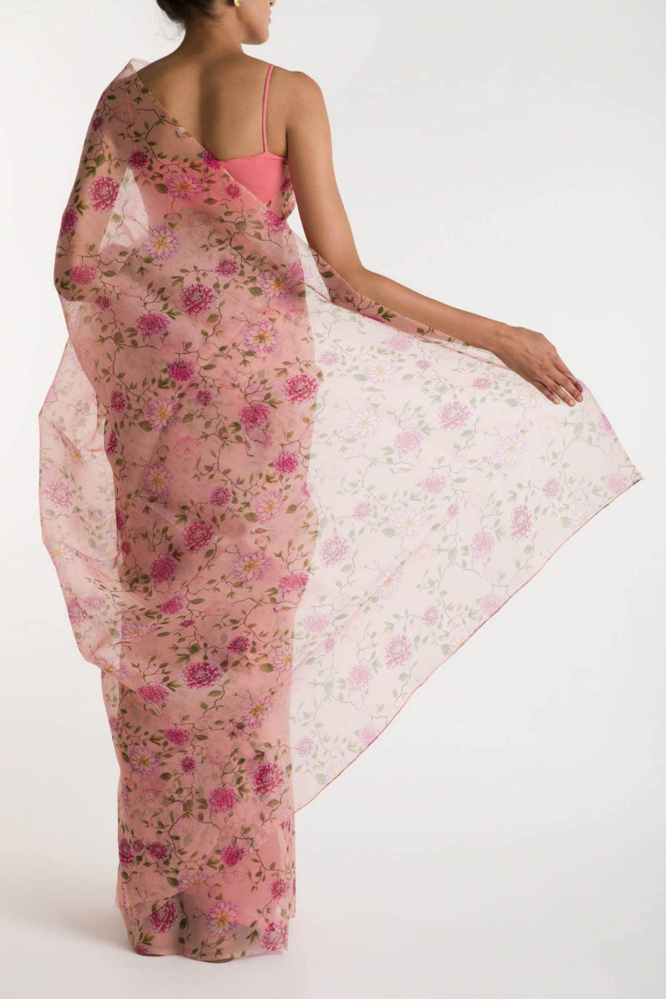 The Story of Dahlia & Sparrows-Peach Pure Organza Silk Saree