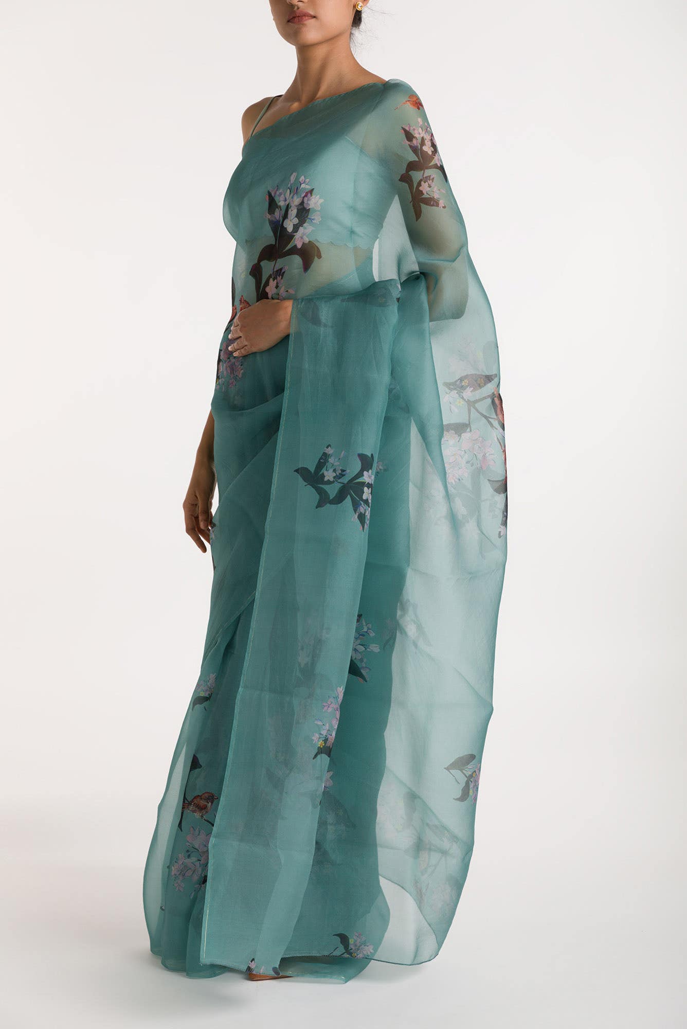 The Sparrows Teal Green Pure Organza Silk Saree