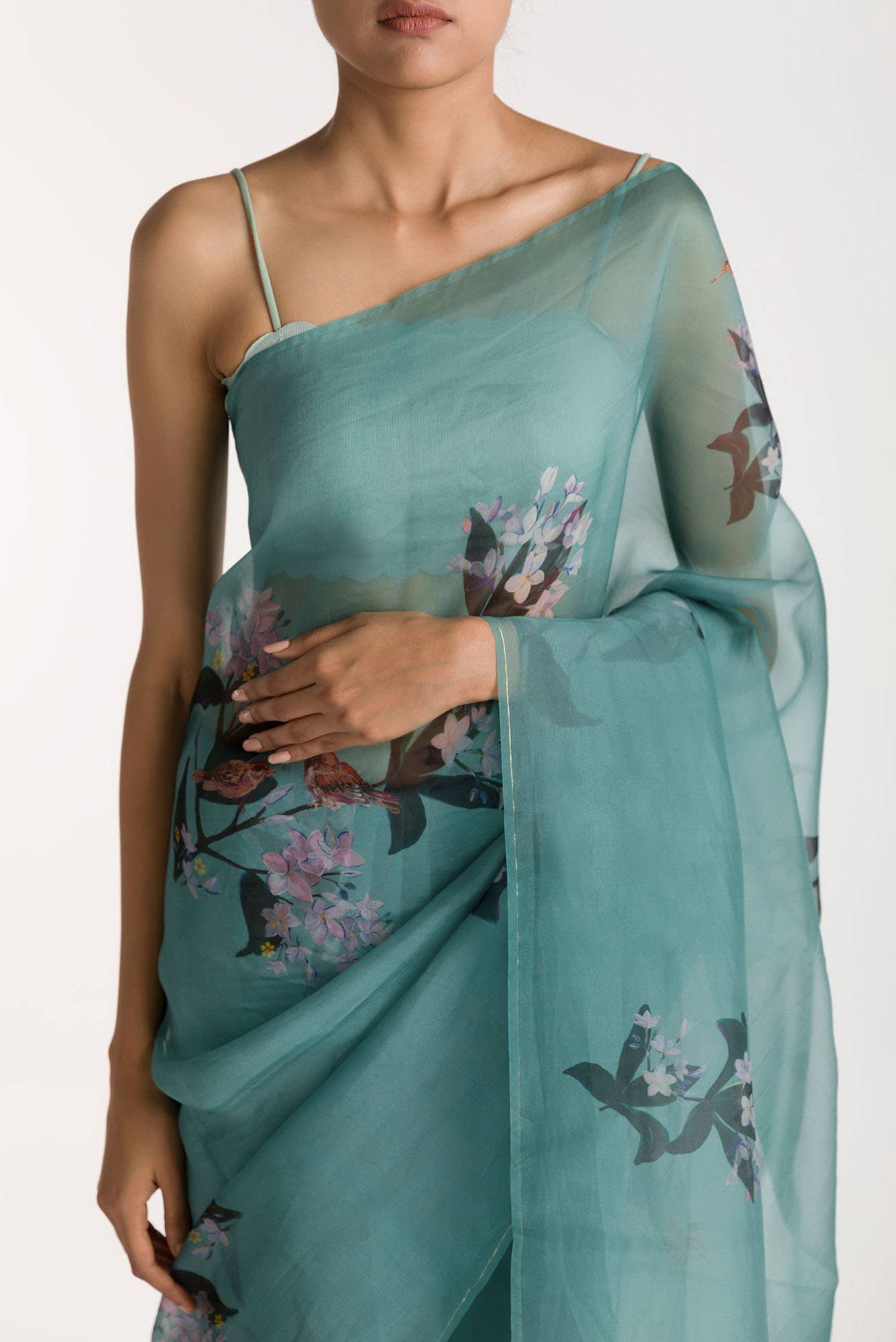 The Sparrows Teal Green Pure Organza Silk Saree