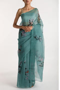 The Sparrows Teal Green Pure Organza Silk Saree