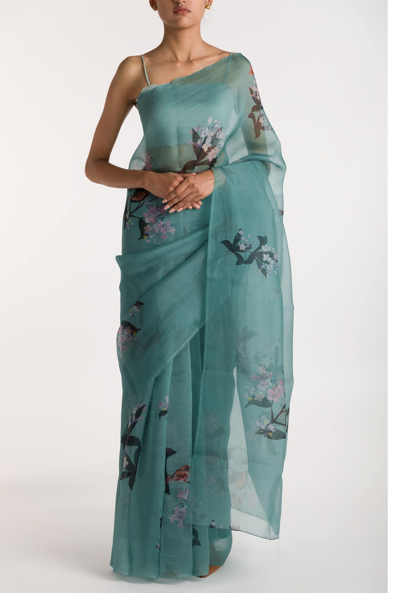 The Sparrows Teal Green Pure Organza Silk Saree