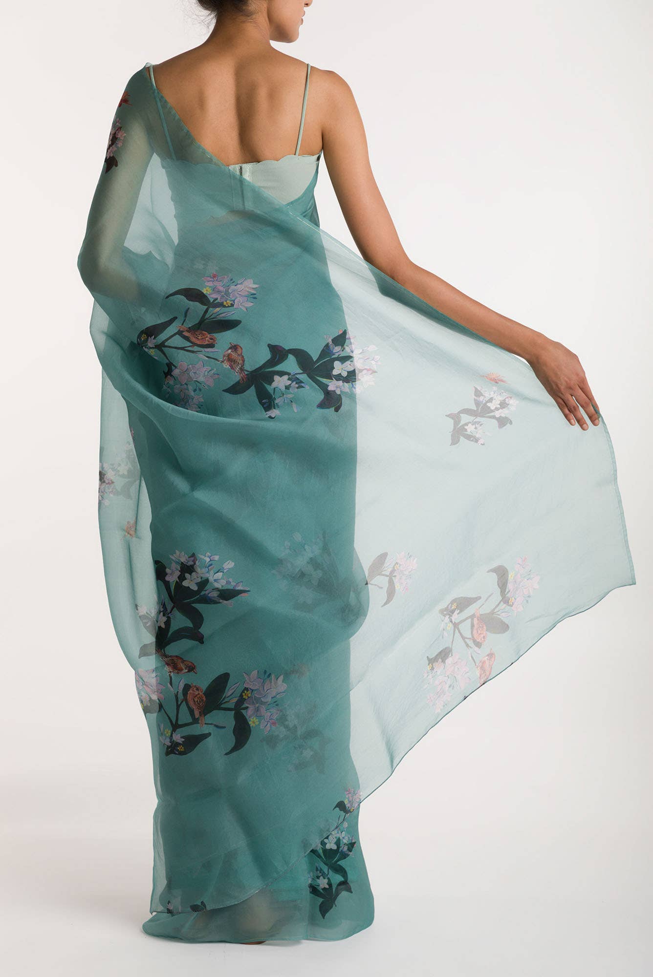 The Sparrows Teal Green Pure Organza Silk Saree