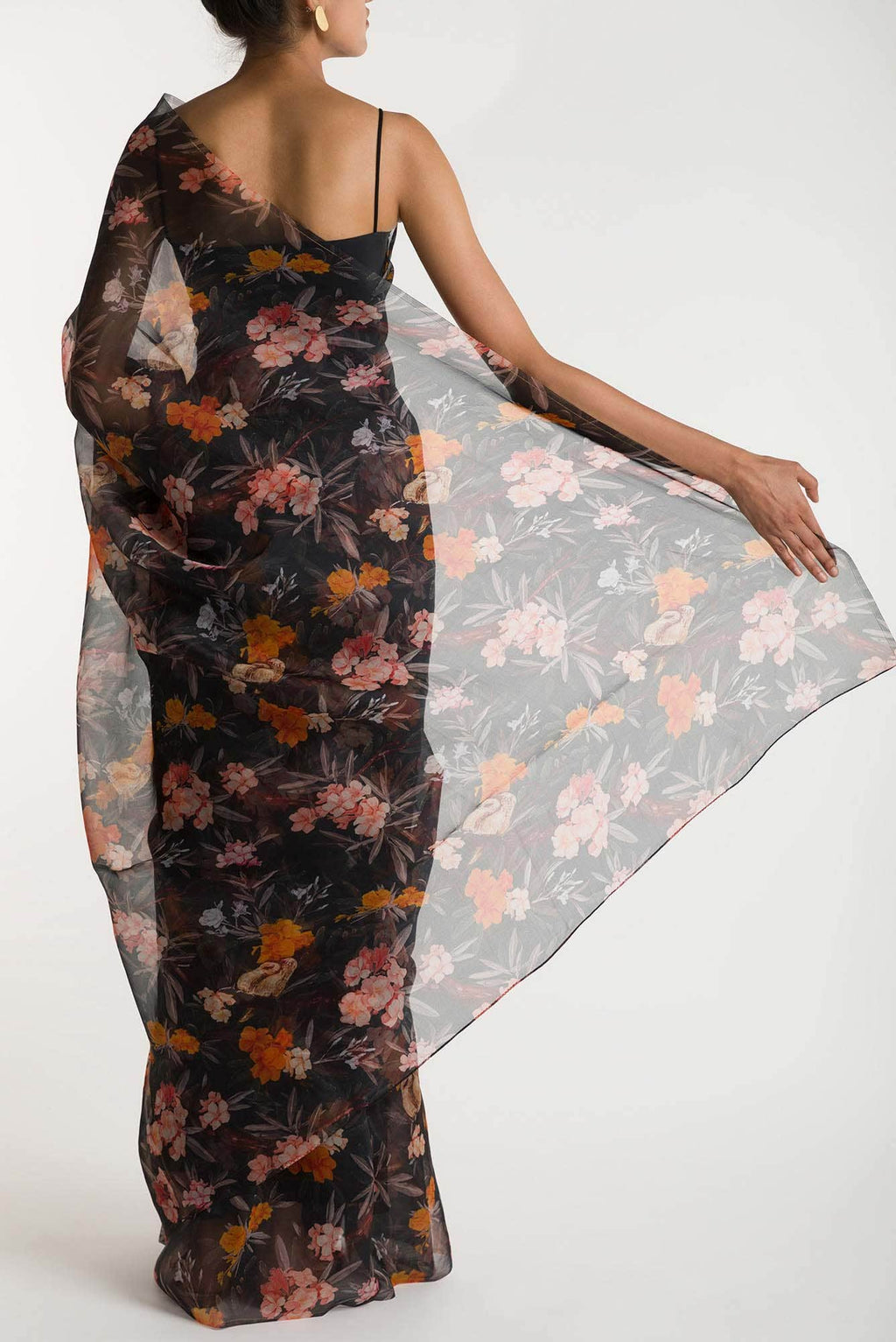 Tropical Parrots Black Pure Organza Silk Saree