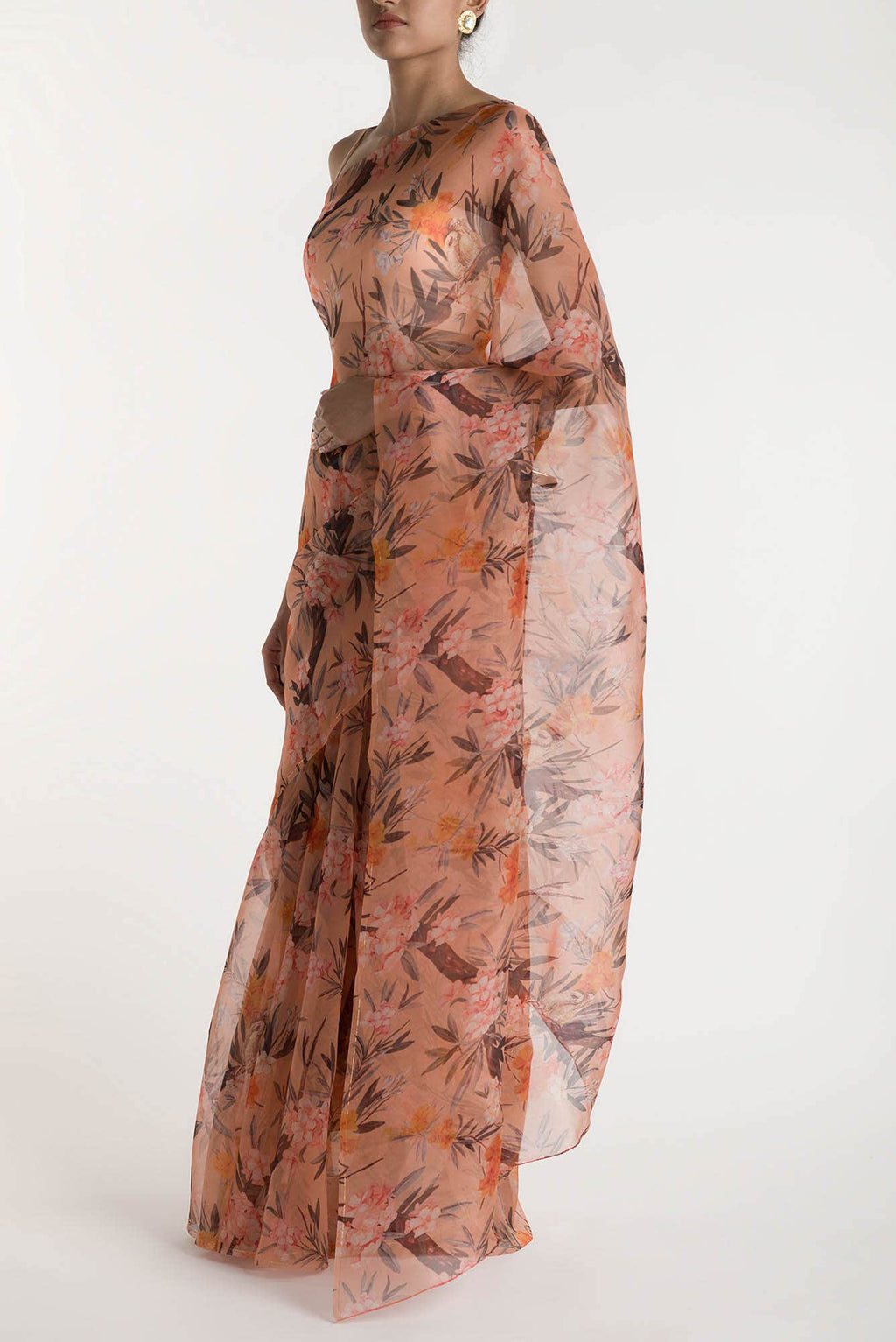 Tropical Parrots Peach Pure Organza Silk Saree
