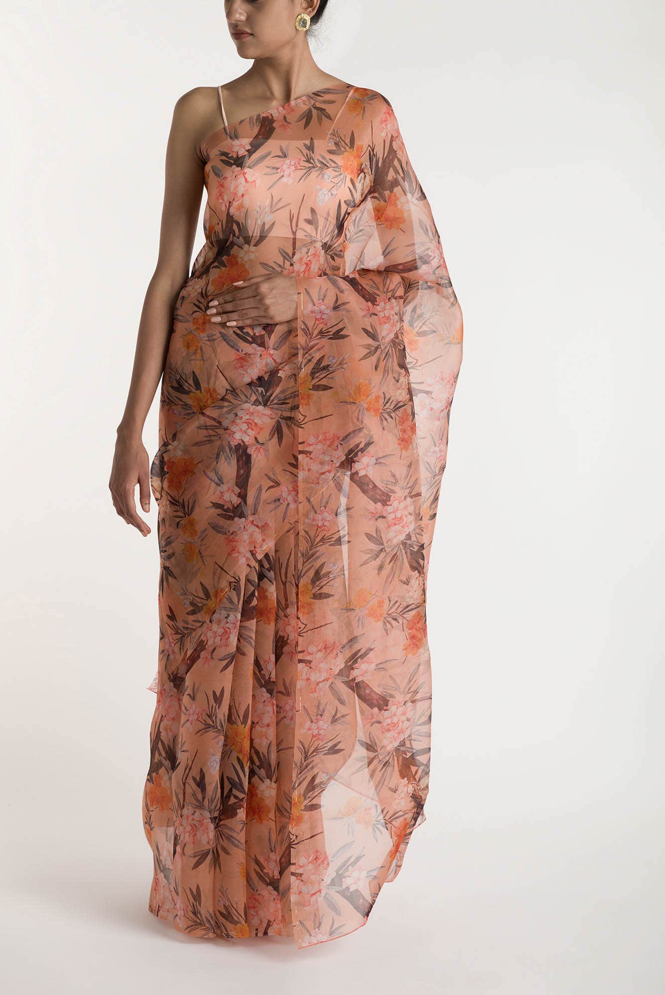 Tropical Parrots Peach Pure Organza Silk Saree