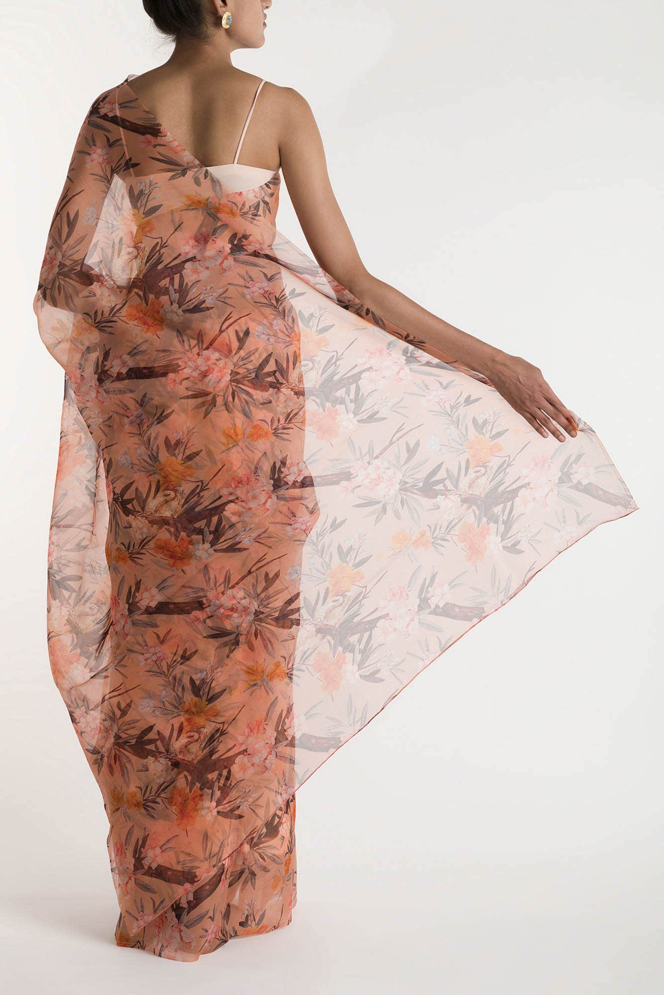 Tropical Parrots Peach Pure Organza Silk Saree
