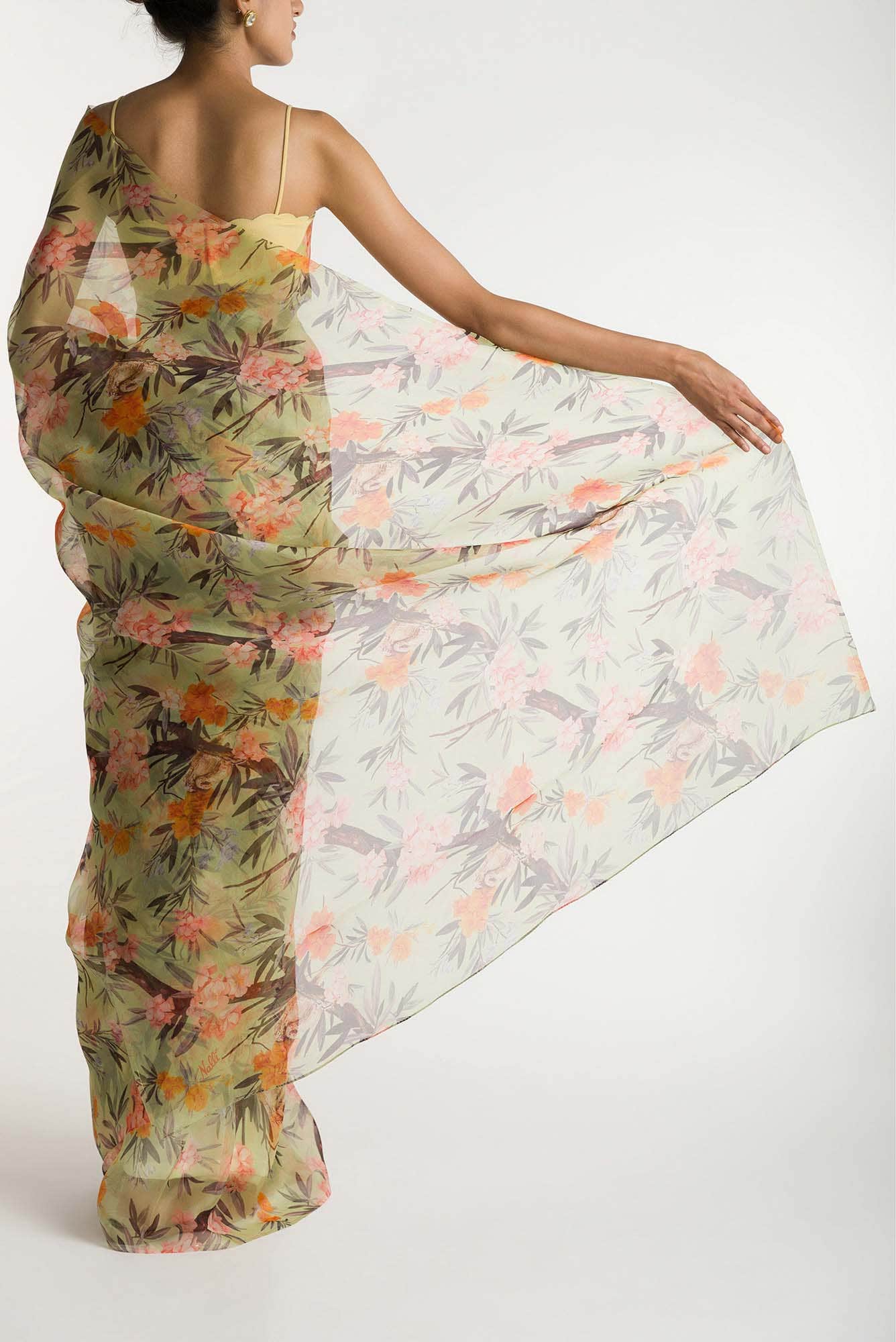 Tropical Parrots Pista Green Pure Organza Silk Saree