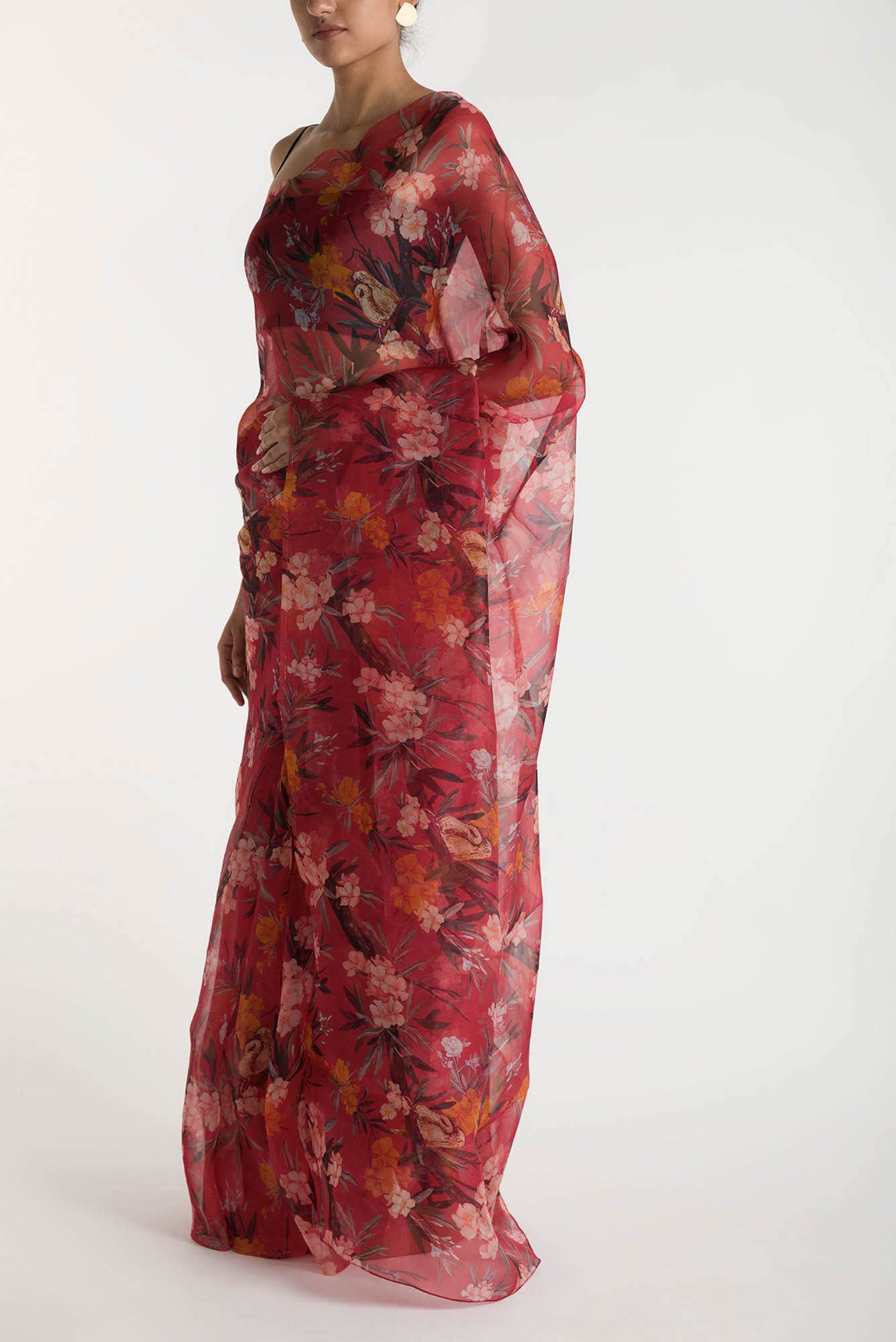 Tropical Parrots Red Pure Organza Silk Saree